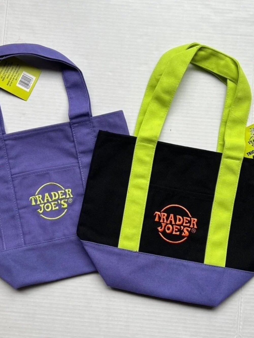Lot of 2 Trader Joe's Fall Mini Tote Bags 1 Black, 1 Purple Limited Edition NWT